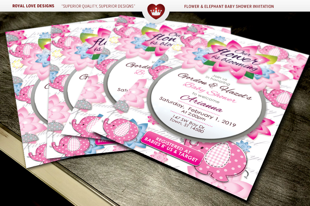 Flower & Elephant Baby Shower Set, an Invitation Template by Royallove (Photo 2 of 4)
