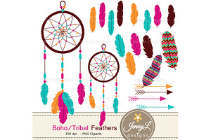 Boho Feather Digital Papers Clipart