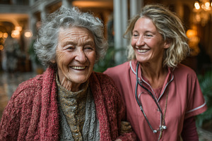 Senior woman assisted by cheerful caregiver in elegant indoor setting, a Health & Medical Photo by AS photostudio