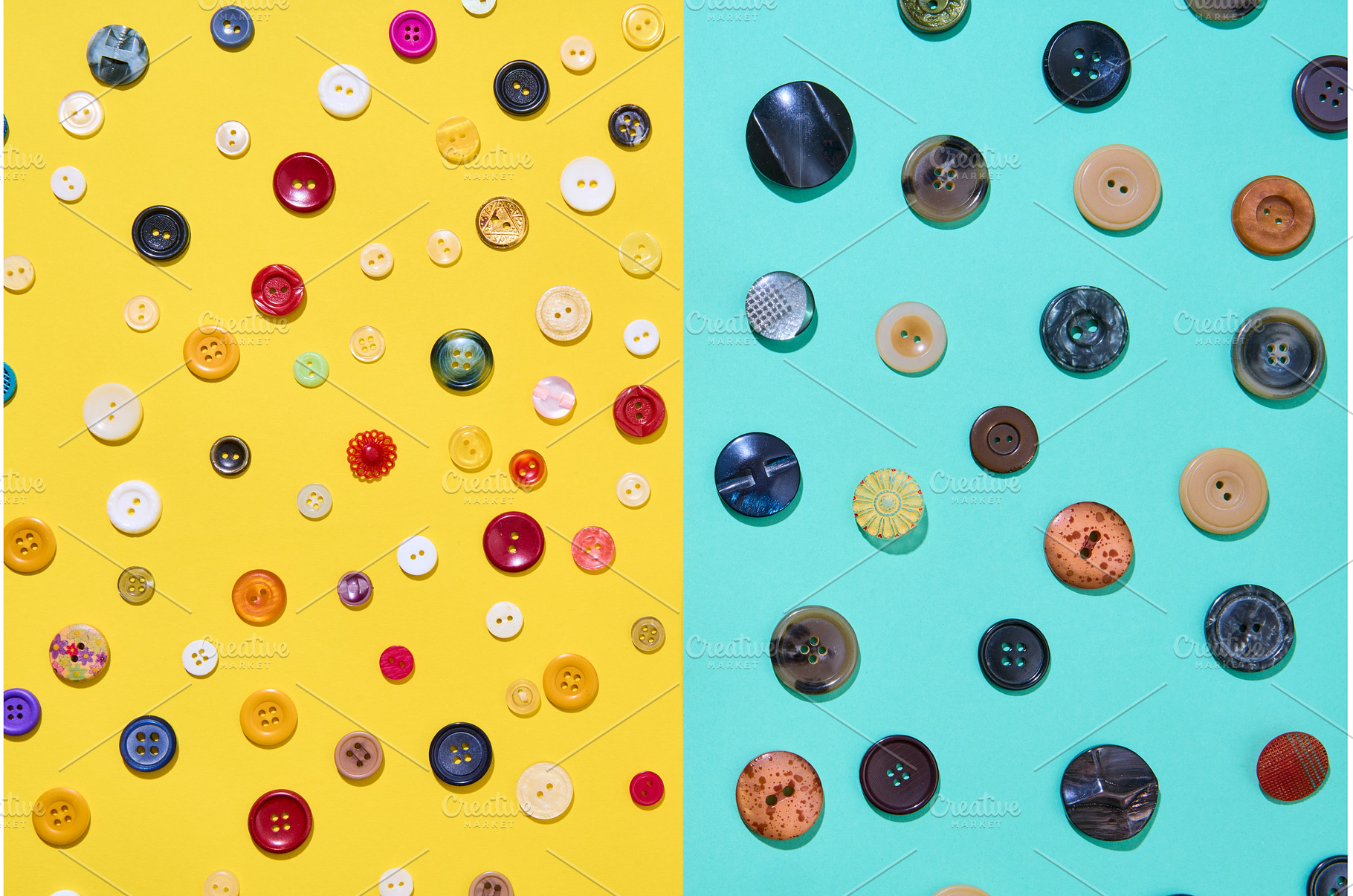 Assorted sewing buttons on yellow, a Background Photo by Gladkov photography