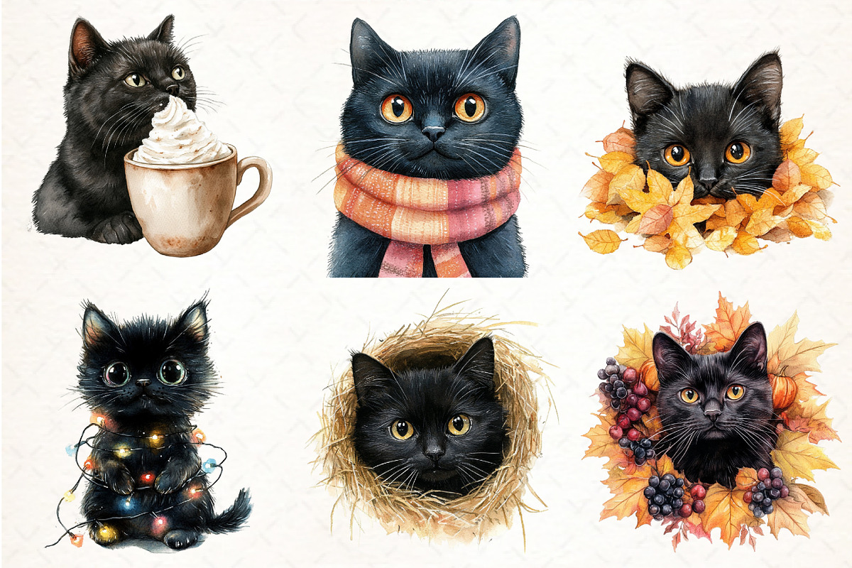 Funny Autumn Black Cat Clipart, an Illustration by Pixels.Craft (Photo 3 of 7)