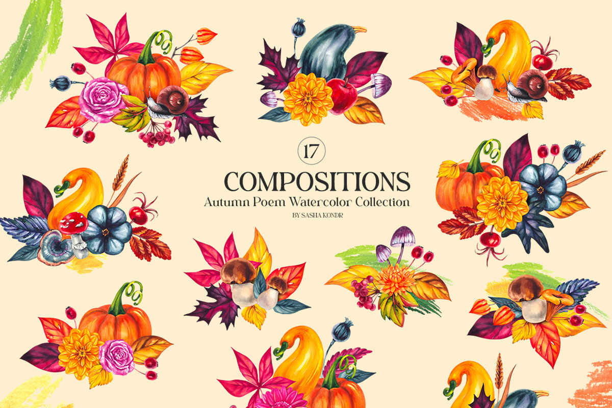 Autumn Poem Watercolor Fall clipart, a Seasonal Illustration by SashaKondr (Photo 10 of 15)