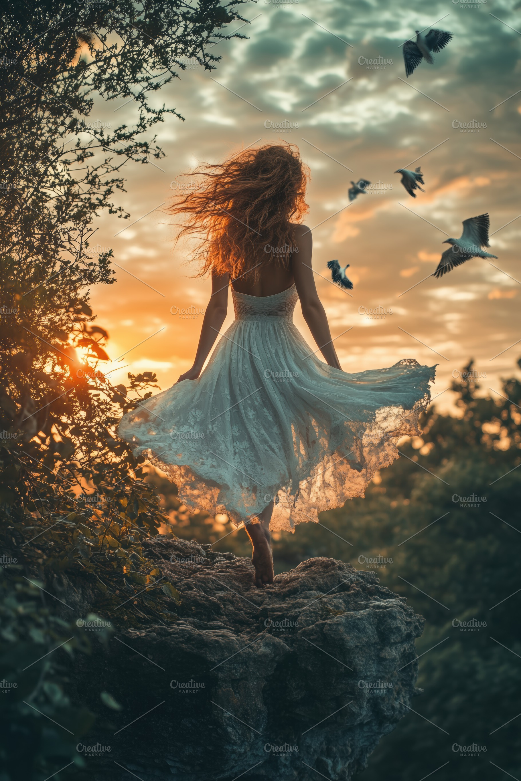 A woman in a flowing white dress stands on a rocky outcrop, facing away from th, a Person Photo by Textures & Backgrounds