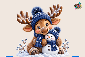 Snowy Reindeer Hugging Snowman