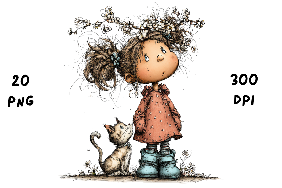 Whimsical Floral Girl & Kitten, an Animal Illustration by GiraffeCreative (Photo 7 of 20)