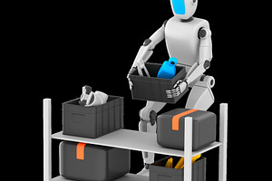A humanoid robot in a warehouse