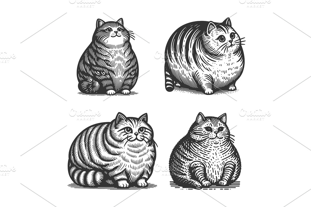 Chubby Cats engraving set vector, an Animal Illustration by AlexArt