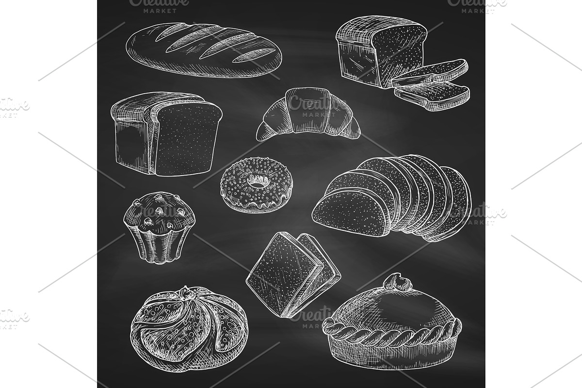 Bread chalk vector sketch icons on blackboard, a Graphic by Vector ...