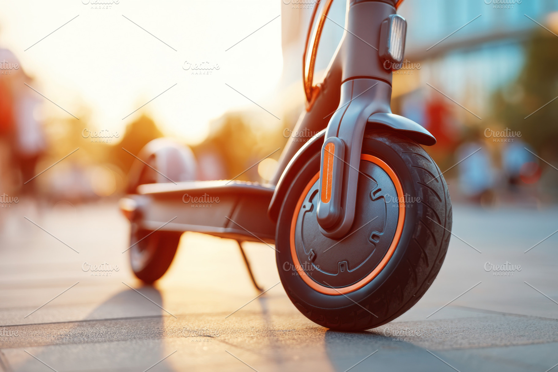 Electric scooter wheel at sunset in urban setting, a Transportation Photo by AlyaAnd