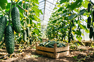 Cucumbers growing on plantation, a Food & Drink Photo by Volff