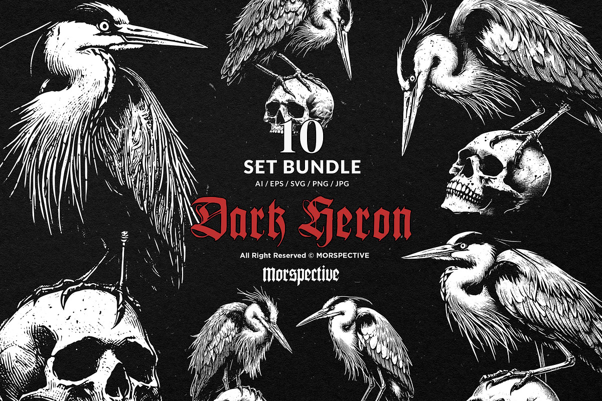 10 Bundle Dark Art Heron Bird Skull, an Illustration by Morspective (Photo 1 of 7)