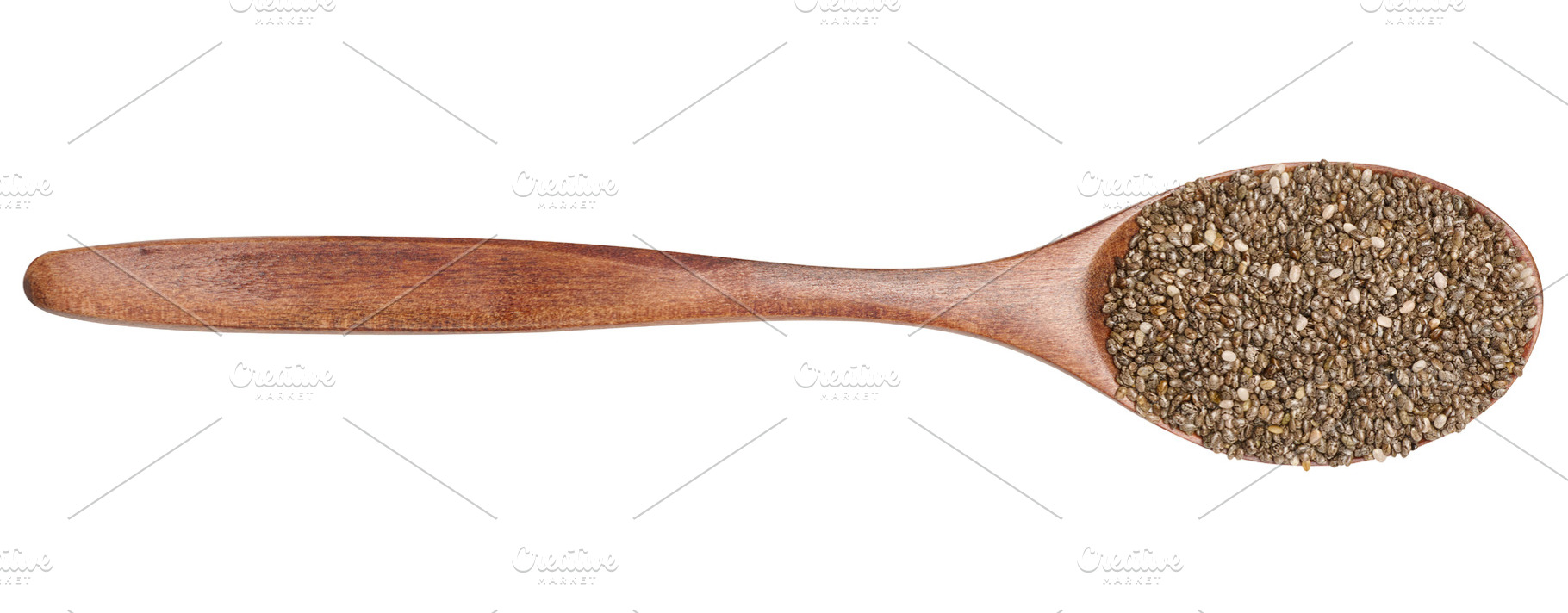 Chia seeds in a brown wooden spoon on isolated background, a Food & Drink Photo by ndanko