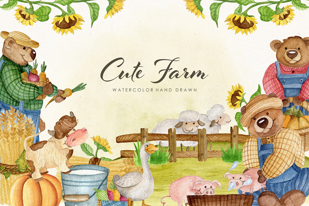 Cute Farm. Watercolor animals, an Object Graphic by JuliaBadeeva (Photo 1 of 8)
