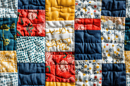 Colorful patchwork quilt featuring various patterns and textures. The quilt inc, a Texture Graphic by Textures & Backgrounds