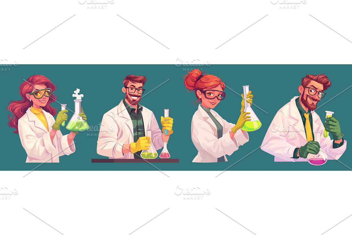 Scientists cartoon set. Red-haired, an Illustration by Stock-Smart-Start