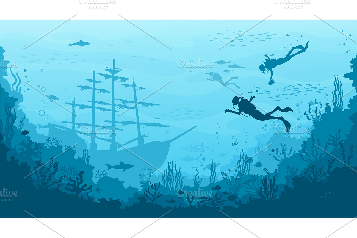 Underwater landscape with ship, an Animal Illustration by Vector Tradition