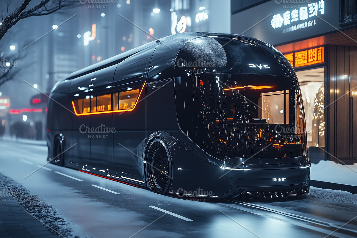 A futuristic black bus with sleek design and glowing orange accents parked on a, a Transportation Photo by Textures & Backgrounds (Photo 2 of 2)