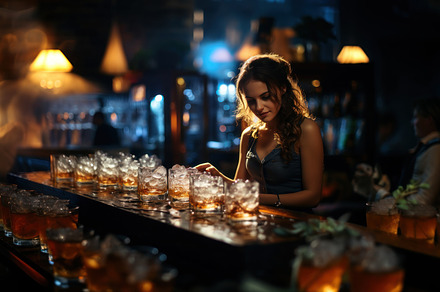 Young woman bartender preparing cocktail on the bar counter in n, a Person Photo by AS photostudio