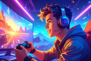 Gamer intensely focused on a video game, gripping a controller w, an Illustration by DanFLCreativo