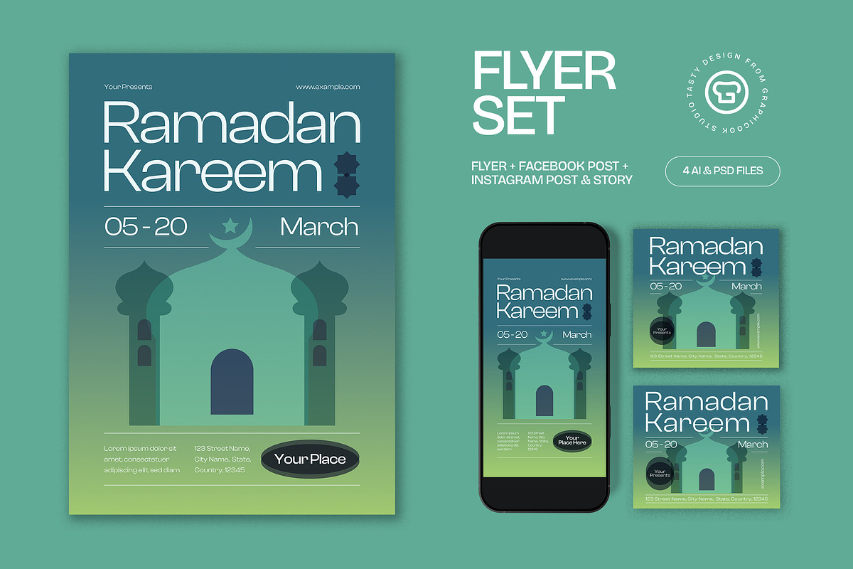 Green Ramadan Kareem Flyer Set, a Flyer Template by graphicook (Photo 2 of 6)