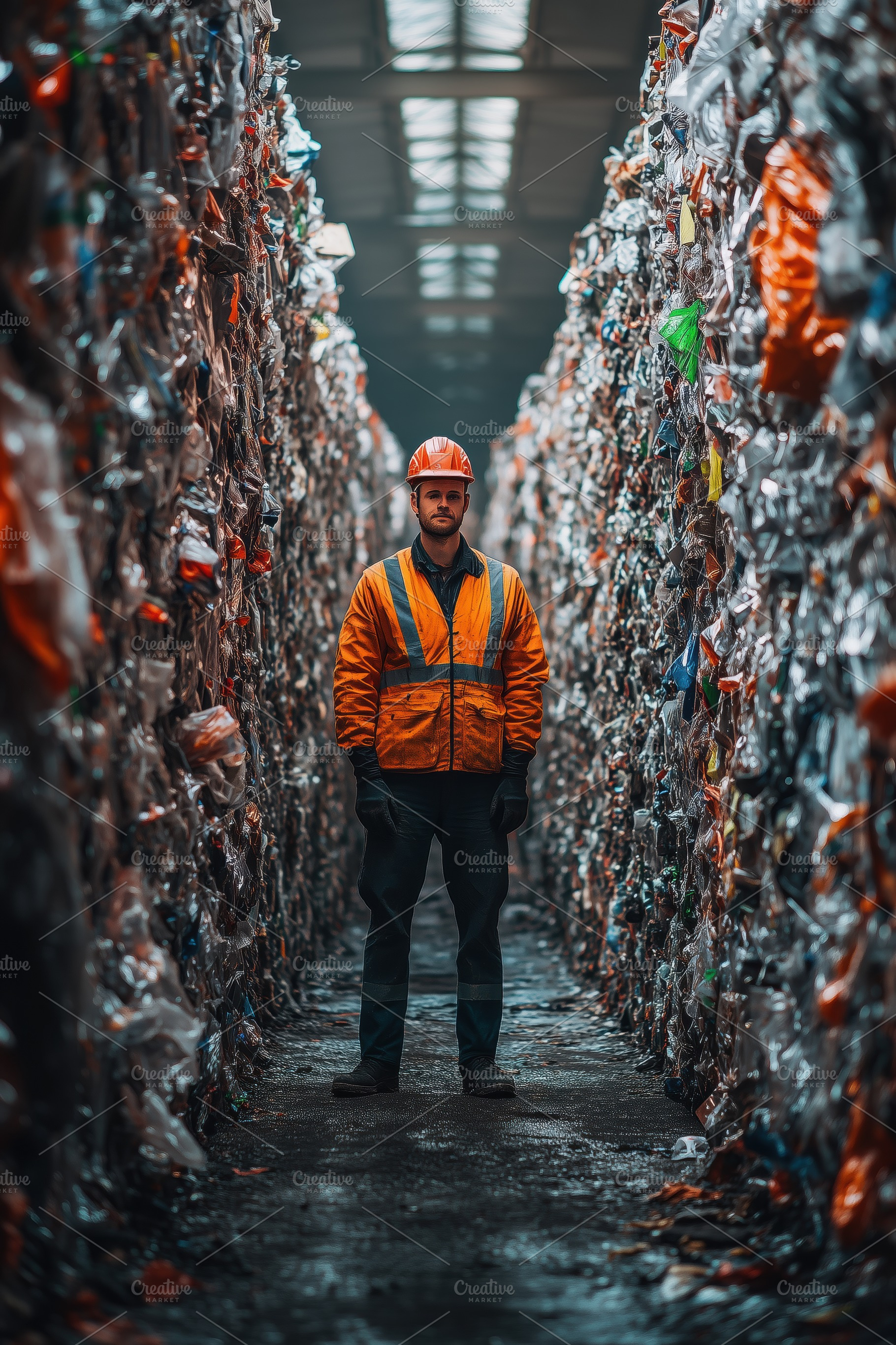 A recycling technologist worker stands between towering piles of compressed pla, a Person Photo by Textures & Backgrounds