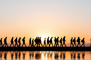 Group of refugees walking, a Photo by MistyDay