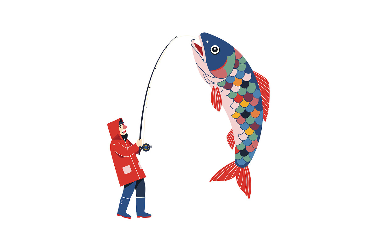 A fisherman in a red coat reeling in, an Illustration by designvectx