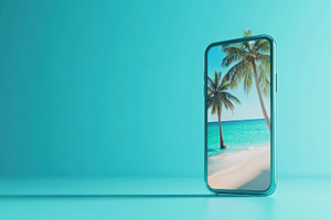Phone displaying tropical beach view, a Photo by Beautiful things