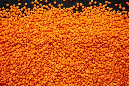 Red Lentils Legume on a black background, top view., a Food & Drink Photo by LiudmylaChuhunova