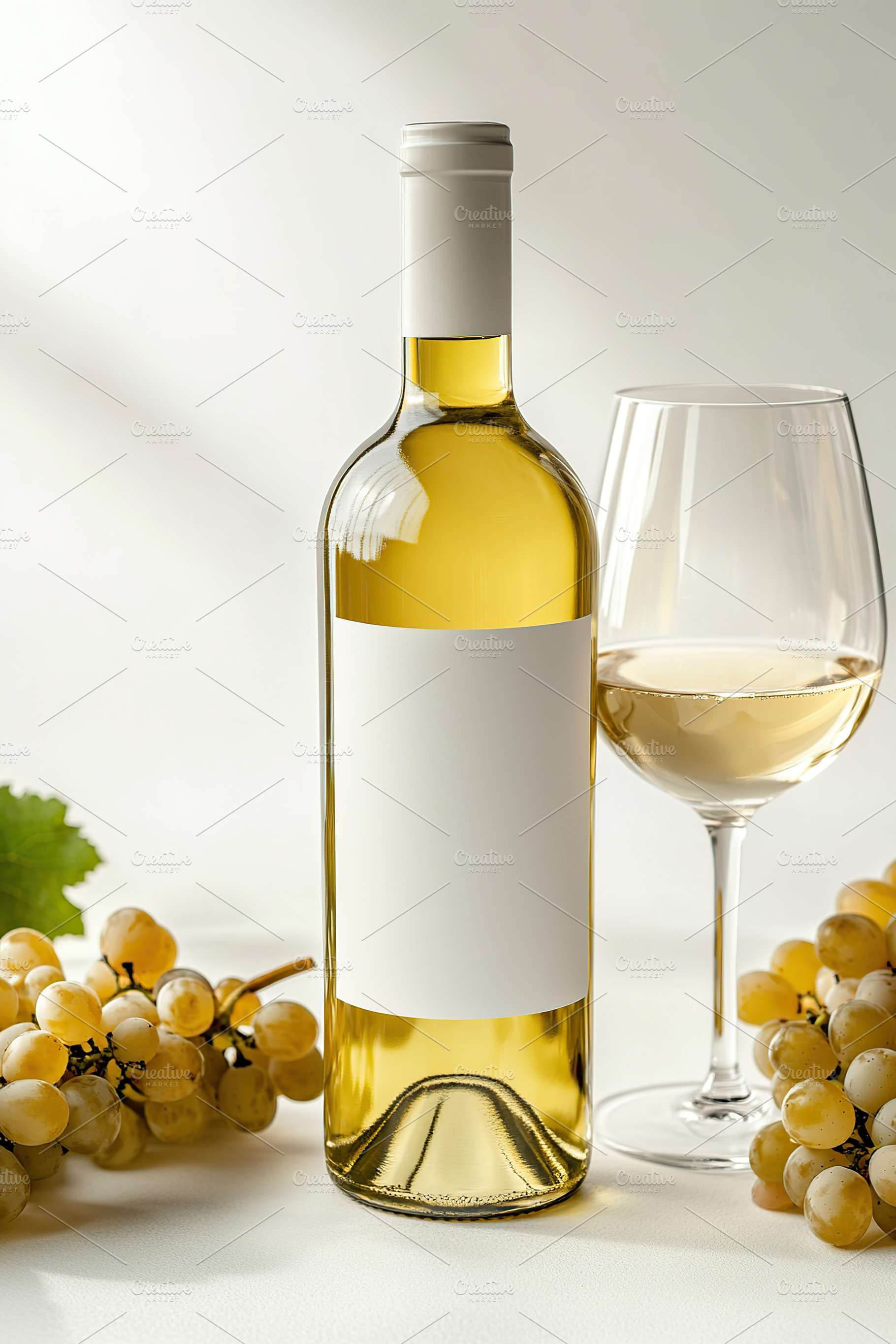 Blank label white wine bottle with glass and grapes in bright se, a Food & Drink Photo by AlyaAnd