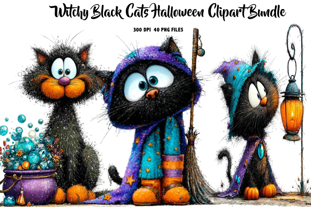 Witchy Black Cats Halloween Clipart, a Seasonal Illustration by CreationArt (Photo 1 of 7)