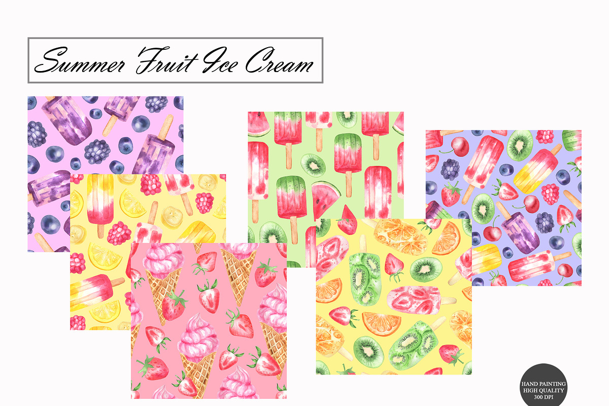 Fruit Ice Cream Seamless Patterns, a Food Illustration by OlDm_Shop (Photo 2 of 10)