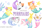 Watercolor Cat Mermaid Clipart, an Illustration by PaperSphinx (Thumbnail 1 of 2)