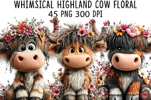 Whimsical Highland Cow Floral Clipar, an Illustration by CraftArtStudio