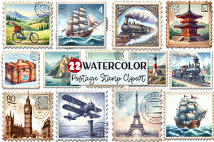 Vintage Travel Postage Stamp Clipart, an Illustration by Rose Art