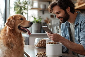 Man using phone with golden retrieve, an Animal Photo by Pixeness Studio