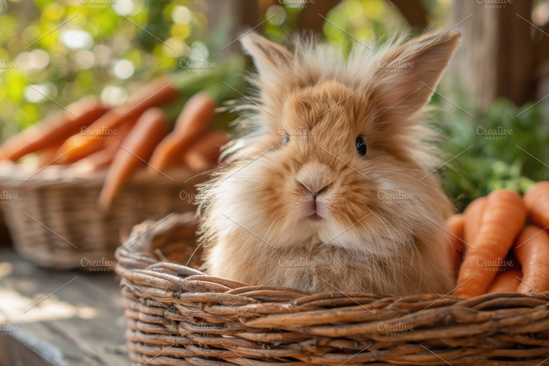 Cute rabbit with carrots in a basket, an Animal Photo by AlyaAnd