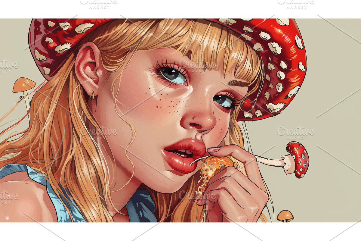 Stylized girl with mushroom hat and, a Person Illustration by AlexArt