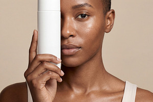 Black woman with skincare bottle, a Beauty & Fashion Photo by Virgo Studio