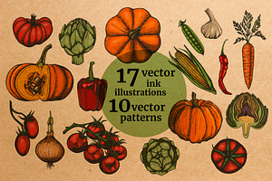 Vector ink vegetables and patterns