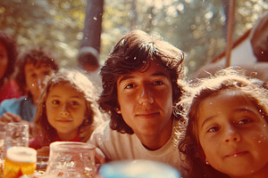 Group of children enjoying a sunny day at a forest picnic with smiles and laugh, a Person Photo by AlyaAnd