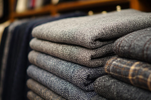 Neatly folded stacks of textured fabric in various shades of gray, showcasing c, a Background Photo by ImageMir