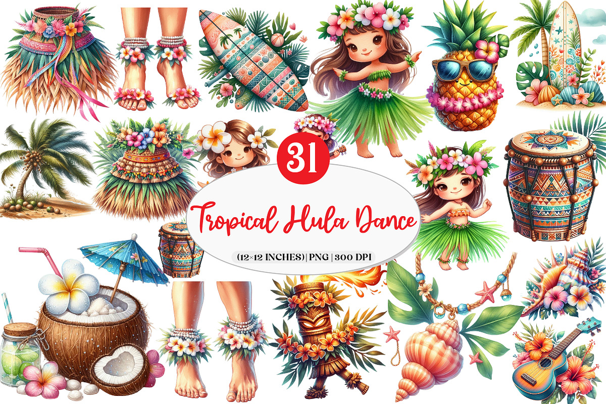Cute Tropical Hula Dance Hawaiian, an Illustration by Watercolor design (Photo 1 of 4)