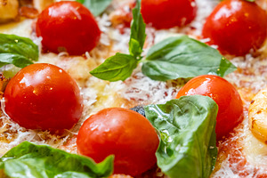 Tomato pizza italian cuisine shrimp cheese leaves, a Food & Drink Photo by Photo Drive Studio