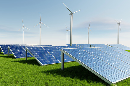 Solar panels with wind turbines for producing electric power supply with sky la, an Industrial Photo by Ministocker