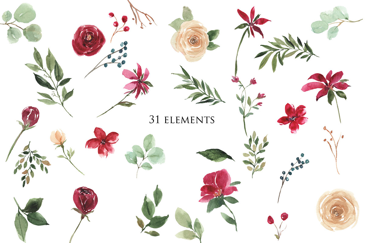 Watercolor Flowers  Burgundy & Cream, an Illustration by Graphic Blue Bird (Photo 3 of 6)