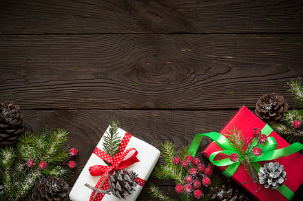 Christmas gift boxes and fir tree branch featuring above, abstract, and, a Holiday Photo by Nadia-nb