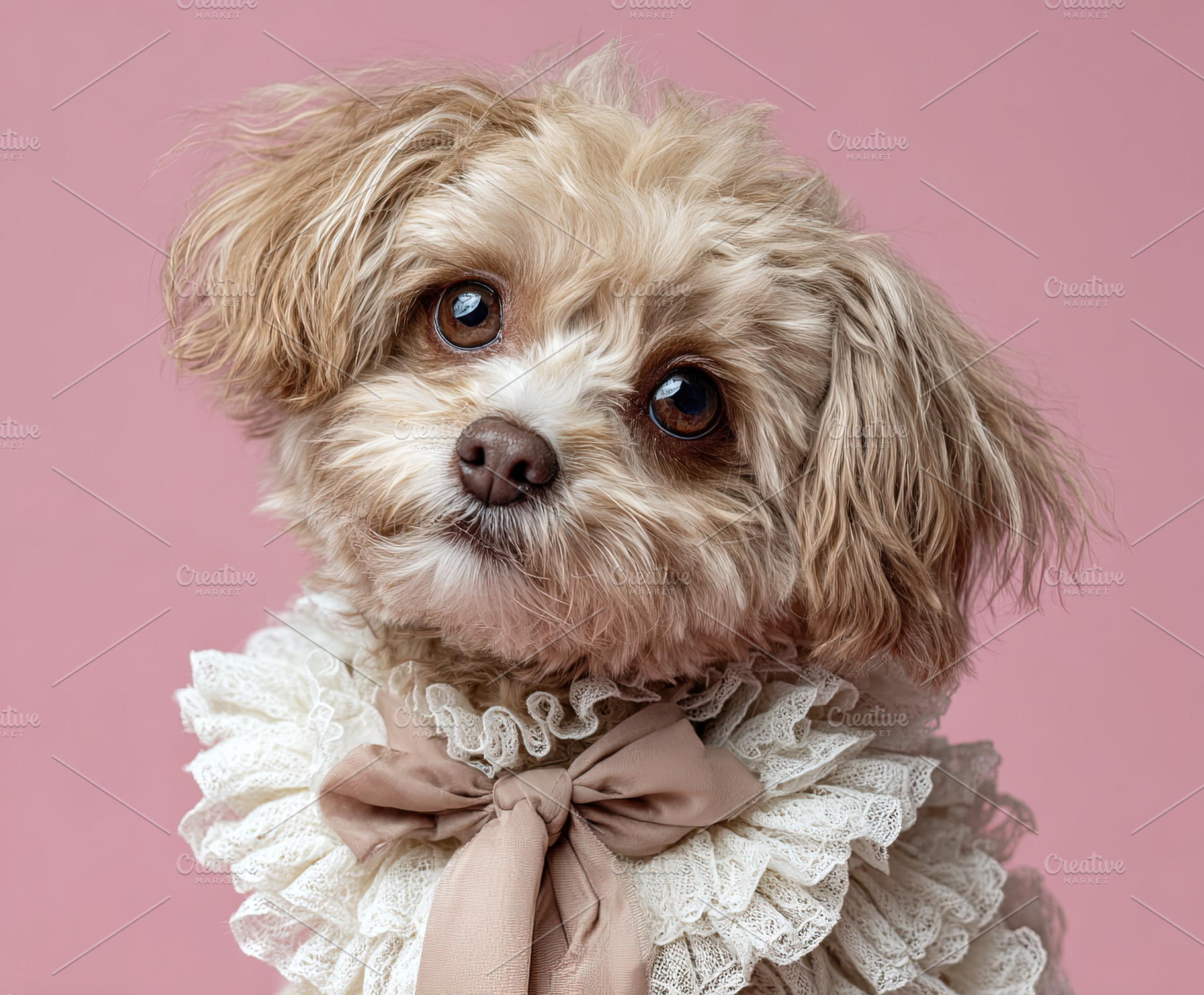 Cute small dog wearing a frilly lace outfit with a bow, sitting, an Animal Photo by Ales Munt