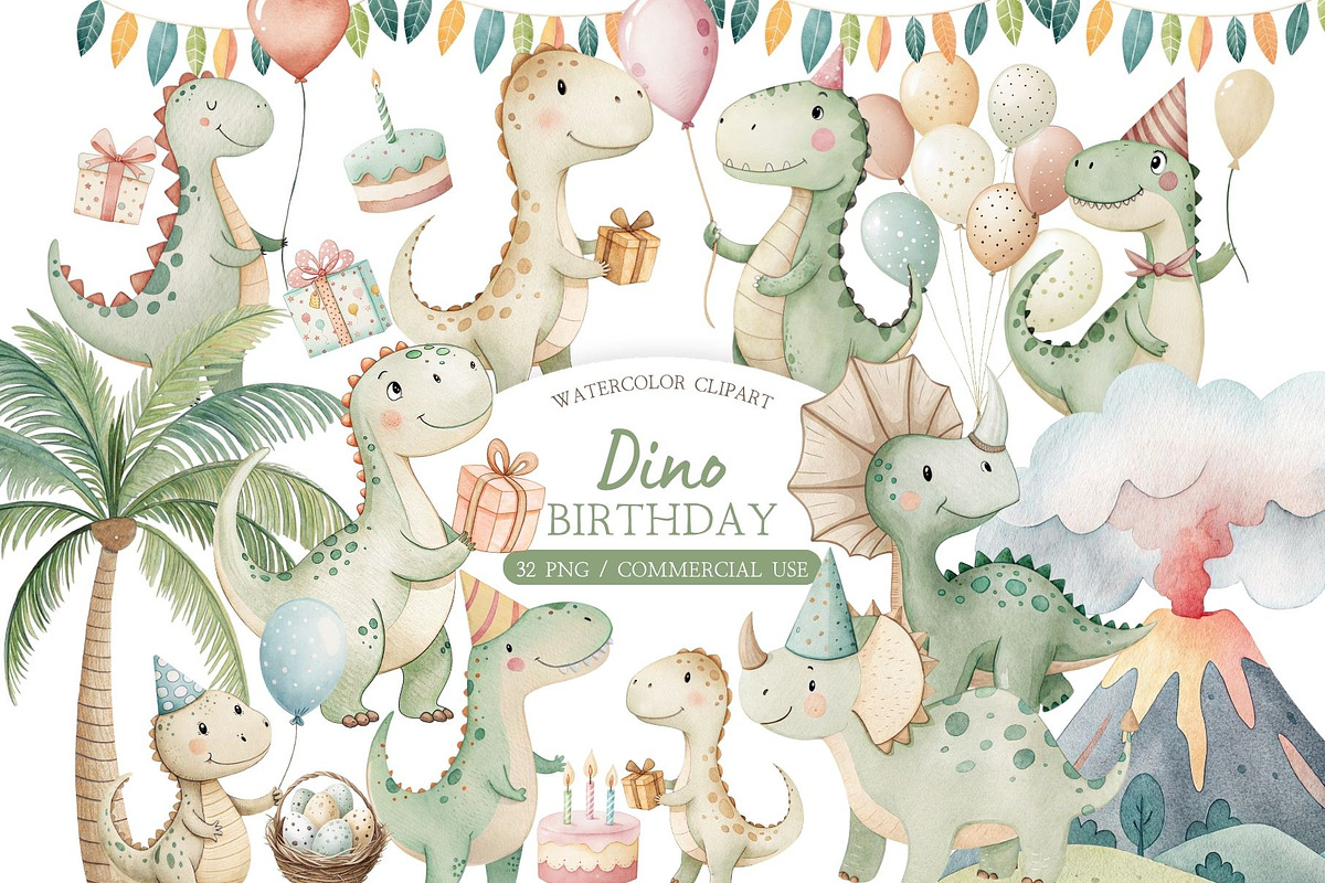 Dino Birthday Watercolor Clipart Set, an Illustration by MockupWizard (Photo 1 of 5)