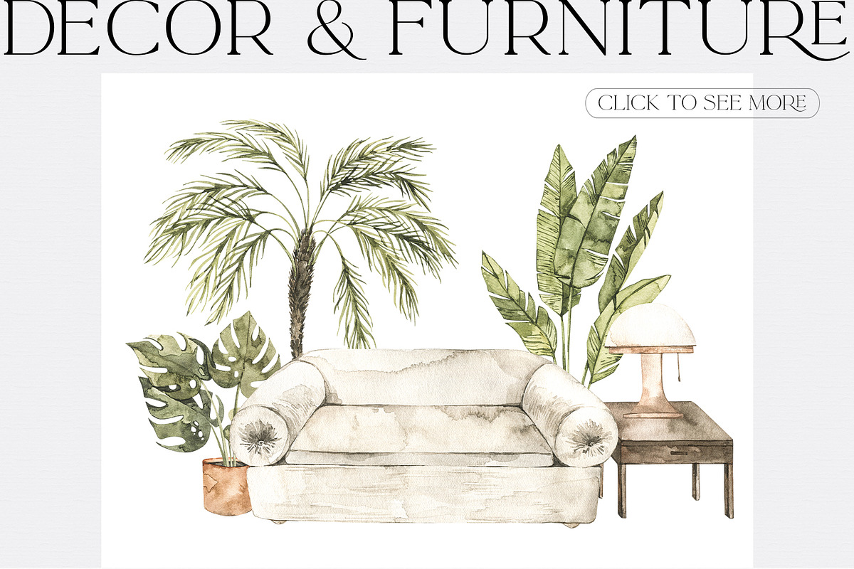 Watercolor Interior, decor & plants, a Decorative Illustration by Kate Macate (Photo 3 of 10)
